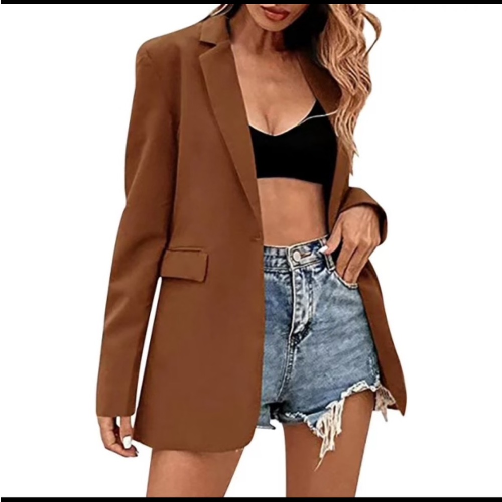 Good American Womens Fitted Scuba Blazer Jacket Burnt Caramel Brown Size 2